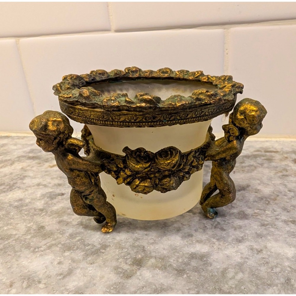 Ornate Gold Tone Cherub Putti Rose Votive Candle Holder Frosted Glass